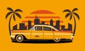 Orange Taxi against the backdrop of the City skyline and palm trees. Retro Car for your design.